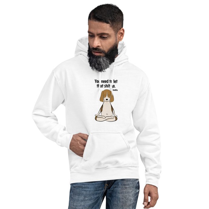 white buddha beagle hoodie sweatshirt with guy front view