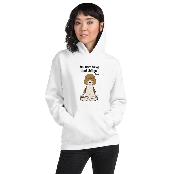 white buddha beagle hoodie sweatshirt with girl front view