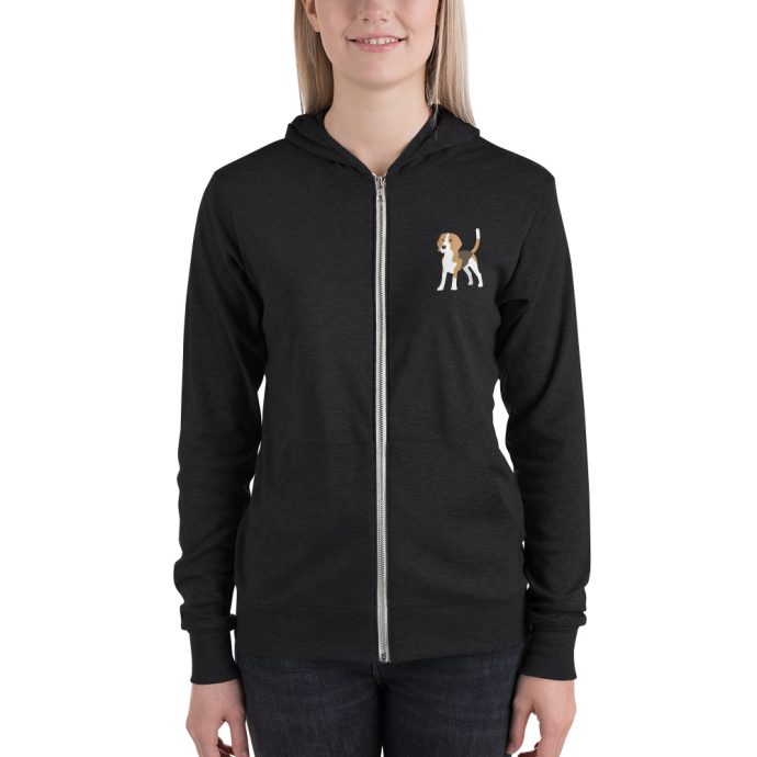 classic beagle black zip hoodie with girl front view