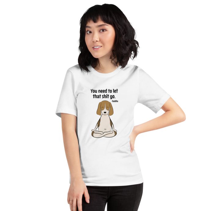 white buddha beagle t-shirt with girl front view