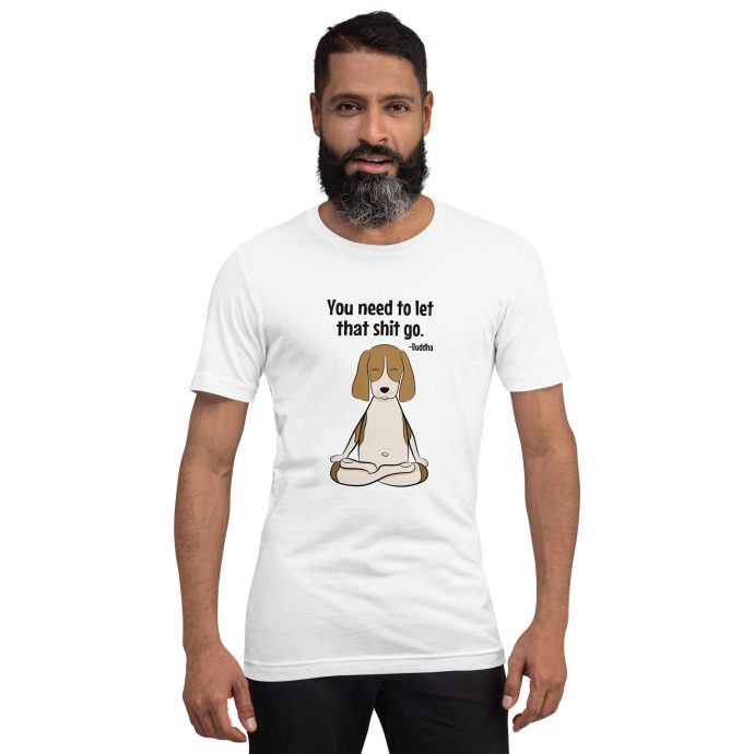 white buddha beagle t-shirt with guy front view