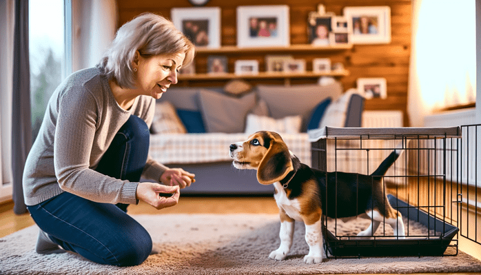 Positive crate training session with a beagle puppy