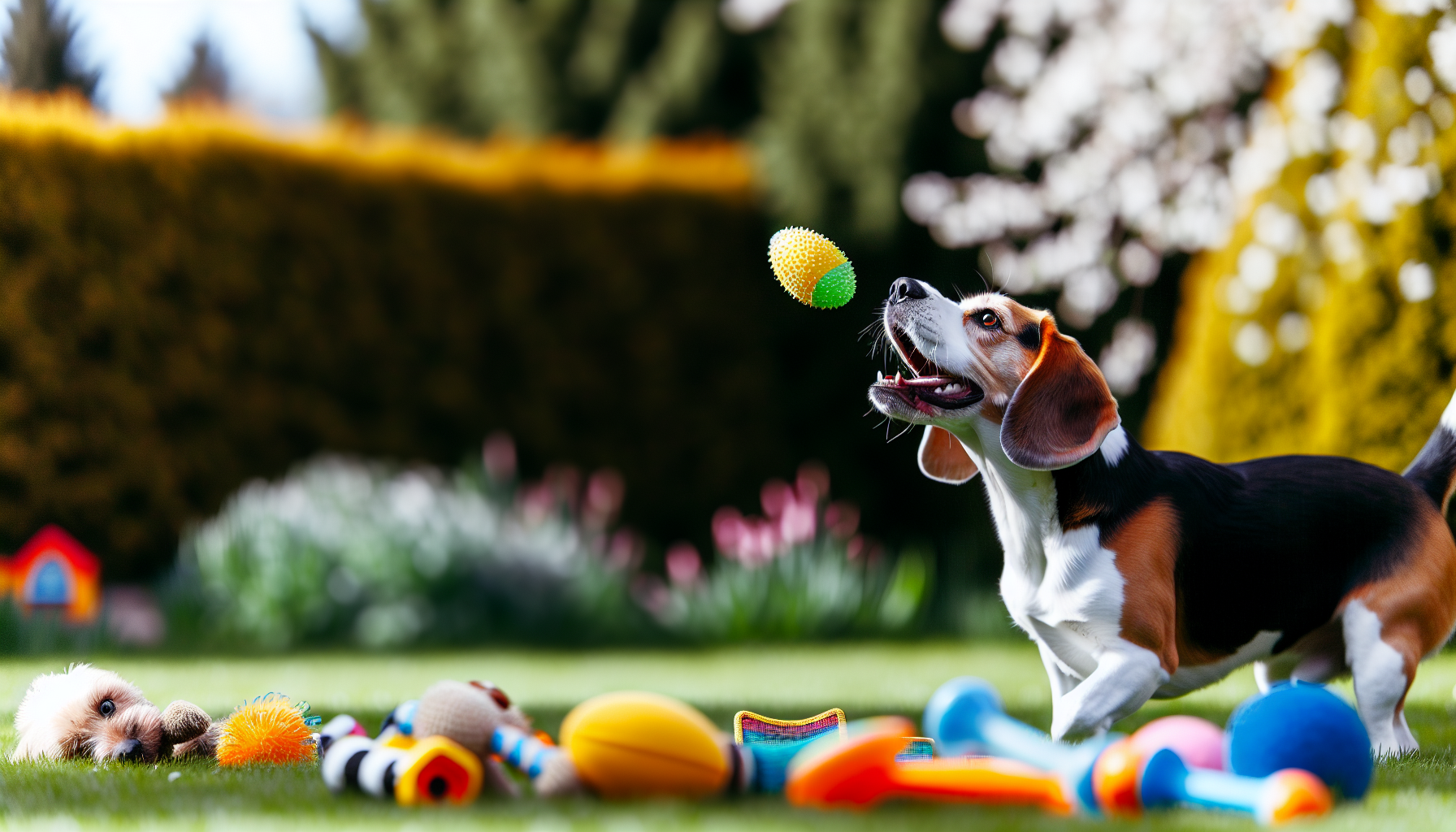 Beagle playing with toys