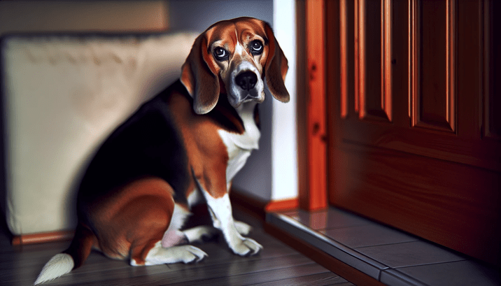 An adorable beagle looking anxious while left alone