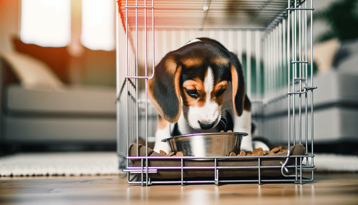 Beagle puppy eating in the crate