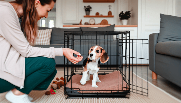 Beagle puppy being crate trained