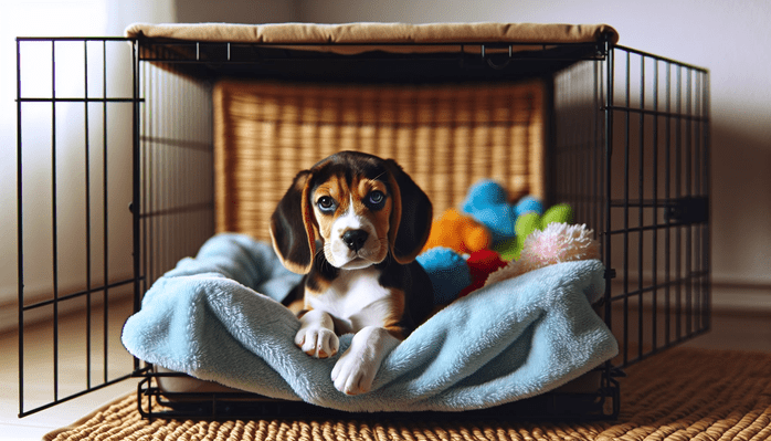 Beagle puppy in a crate