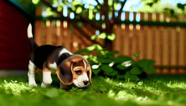 Curious Beagle puppy exploring the backyard