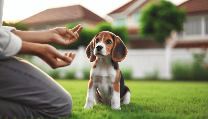 Beagle learning basic commands like sit and stay