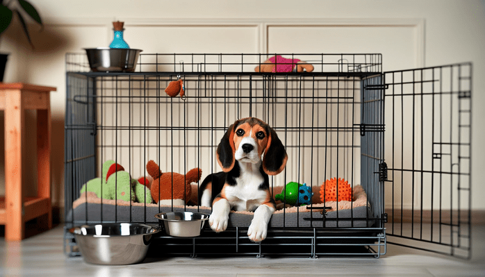 Beagle puppy with toys in crate