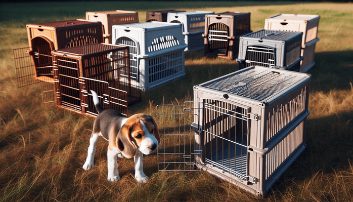 A beagle and variety of dog crates