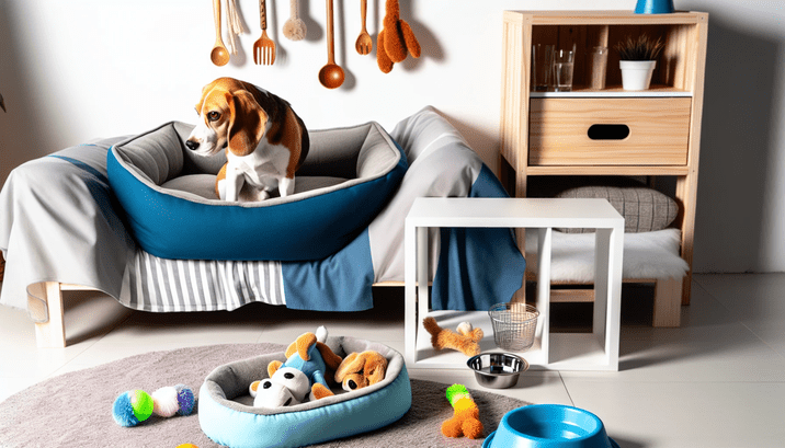 Comfortable space for beagle with toys and bed to reduce separation anxiety