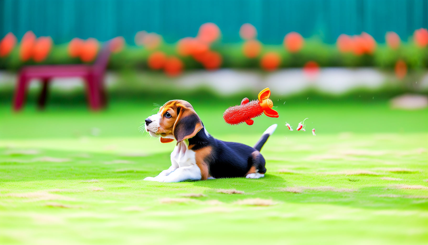 Energetic beagle puppy playing with a toy