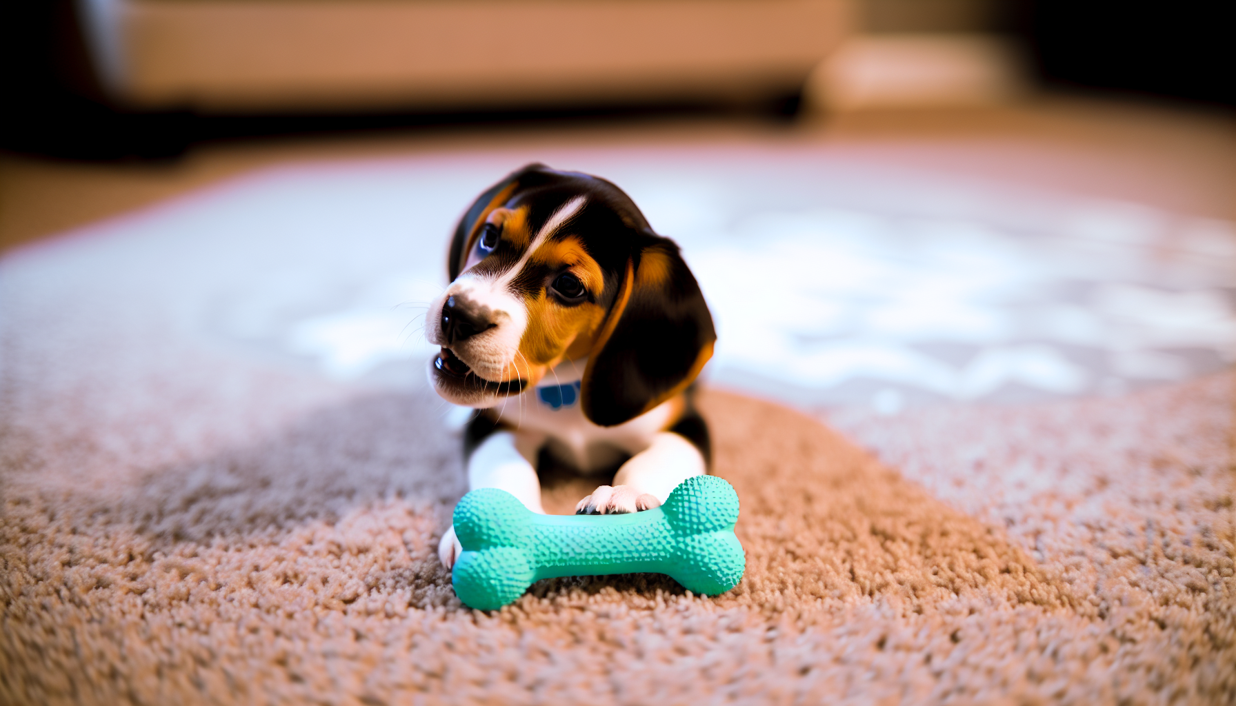 Beagle puppy's playing with a toy.