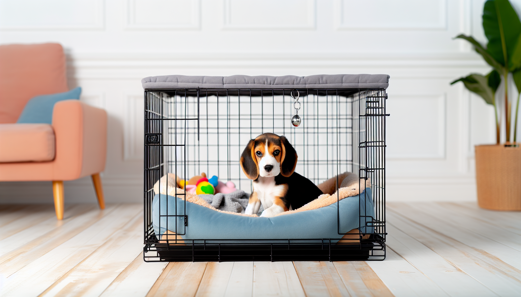 Beagle puppy in a crate with a comfortable bed and toys