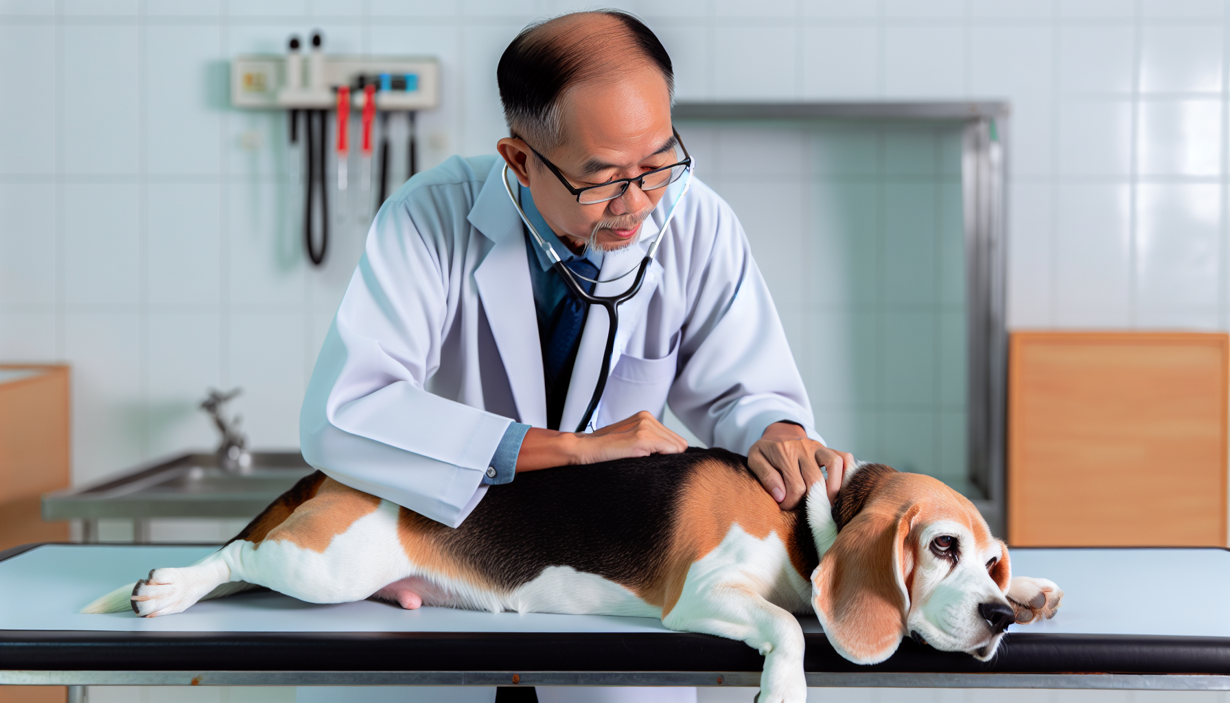 Veterinarian examining a beagle