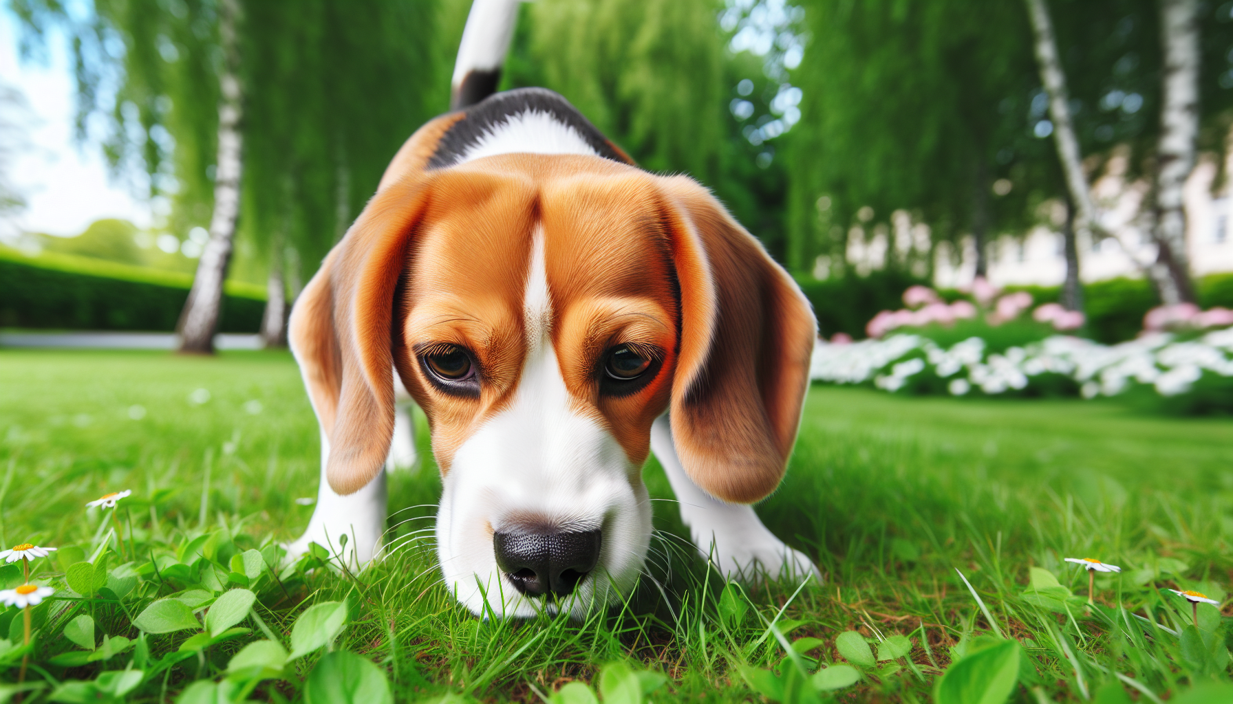 Beagle with its nose to the ground, sniffing the grass