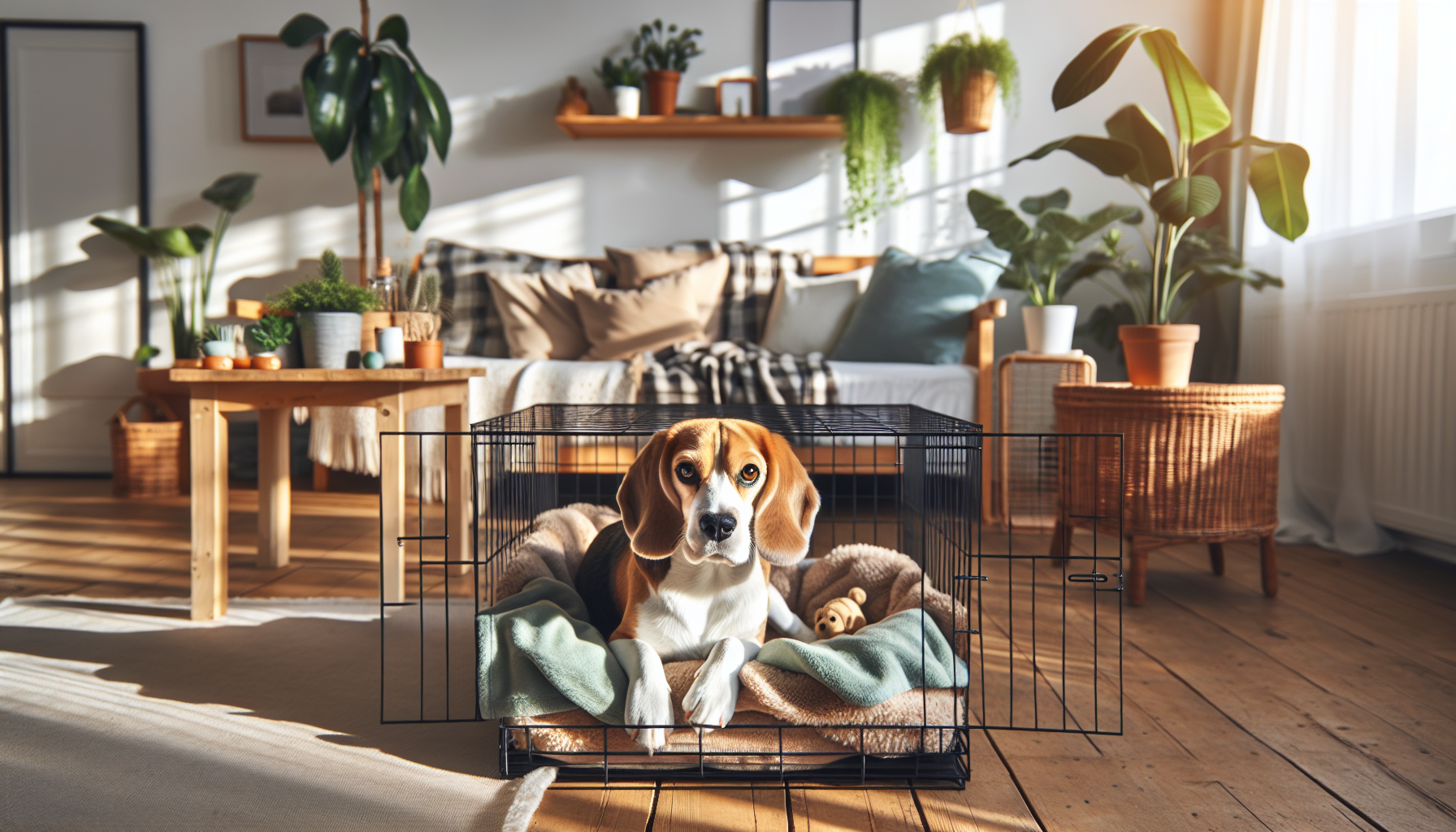 Beagle in a crate