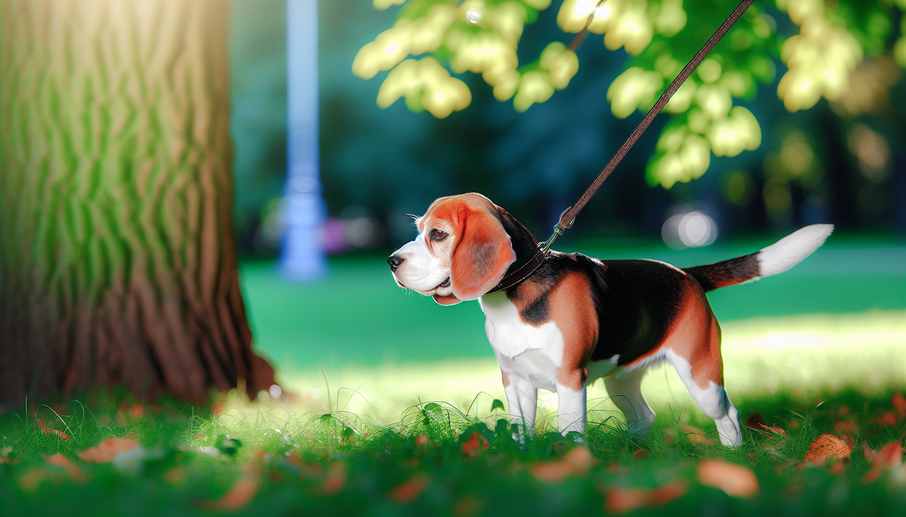 Beagle walking on a leash with a training lead