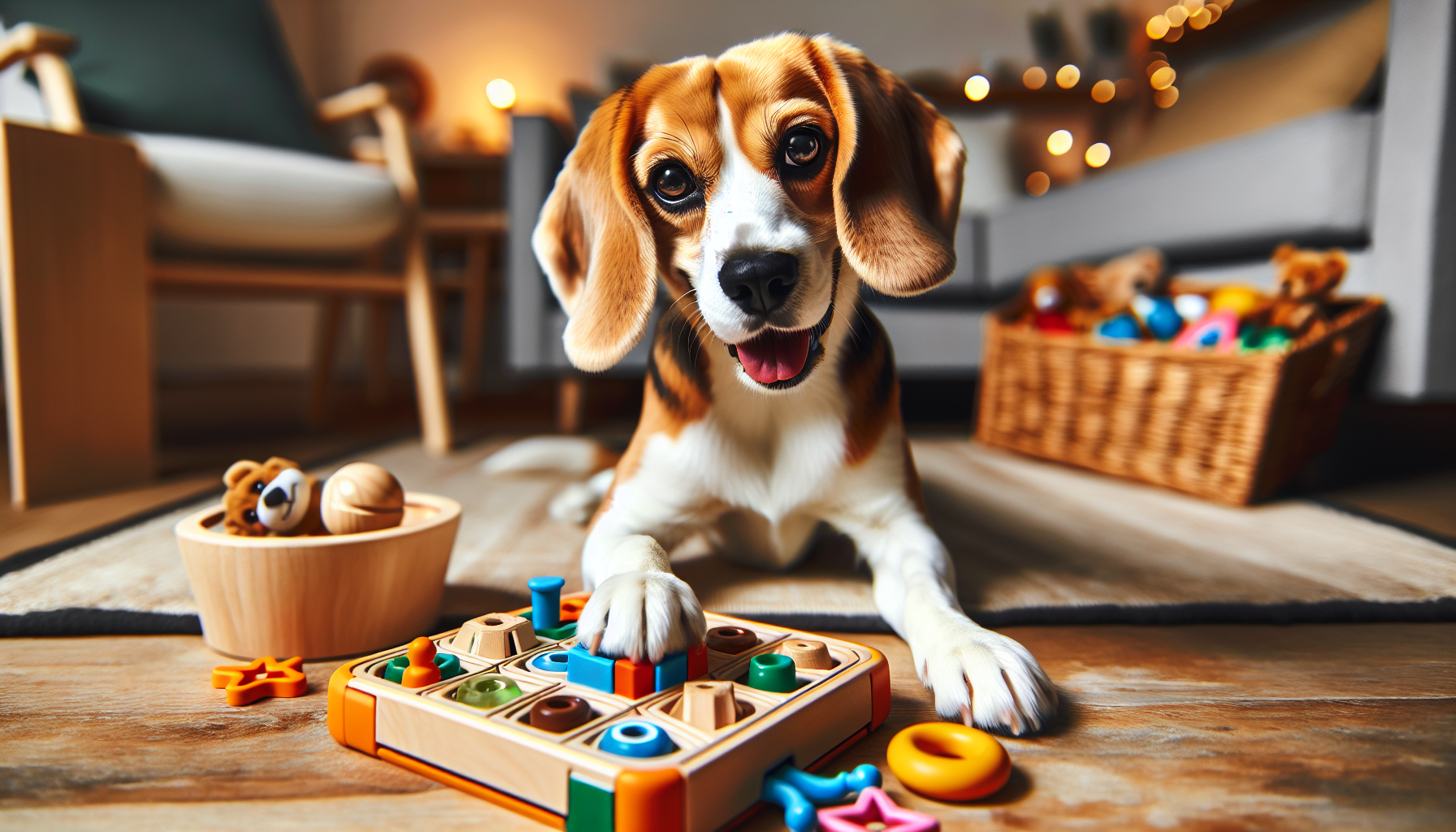 Beagle playing with interactive toys