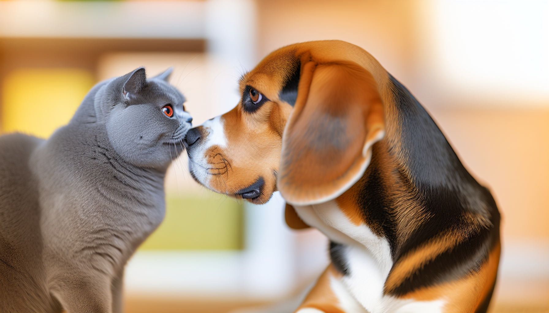 Beagle and cat sniffing each other
