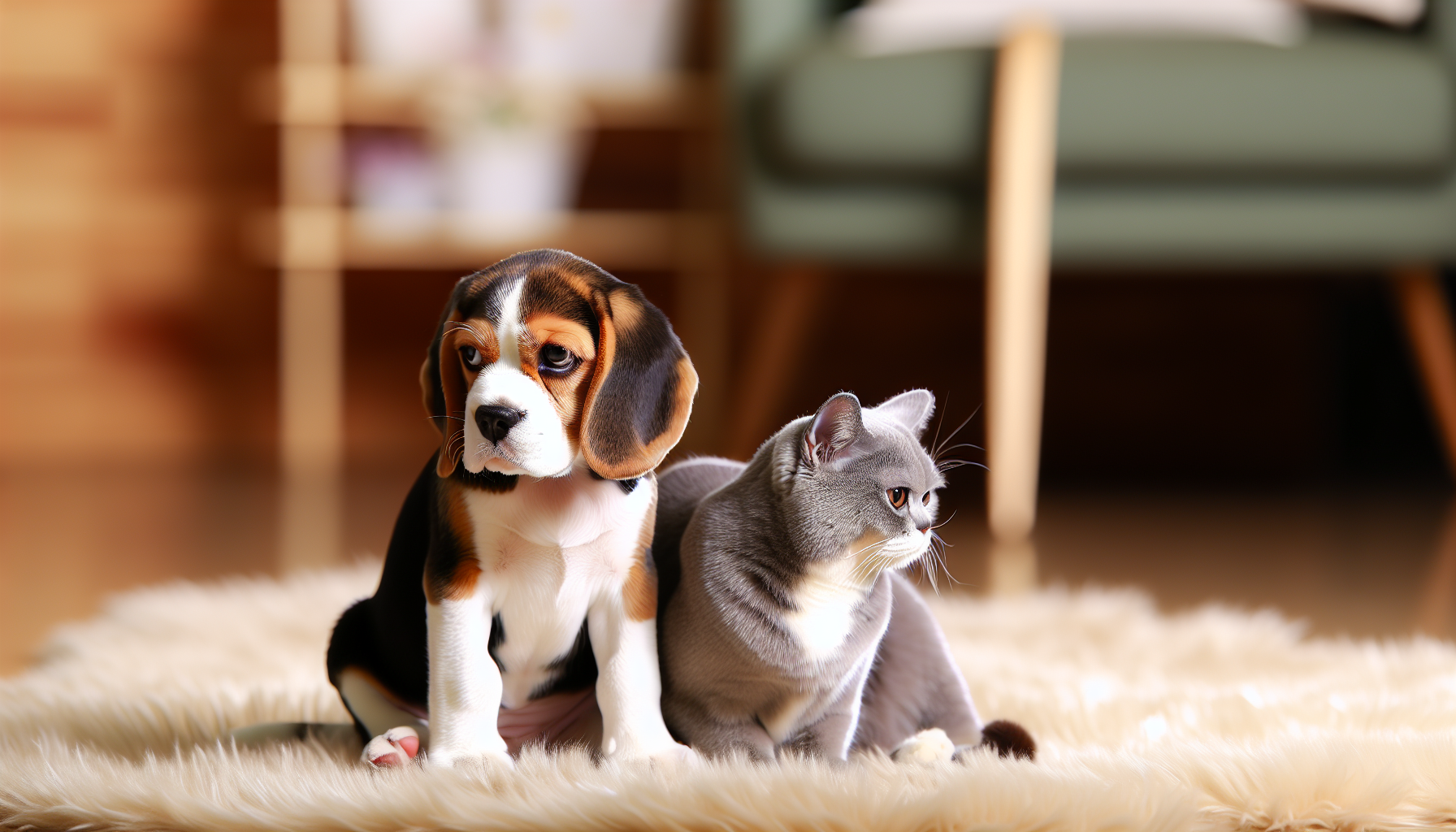 Beagle puppy and adult cat sitting