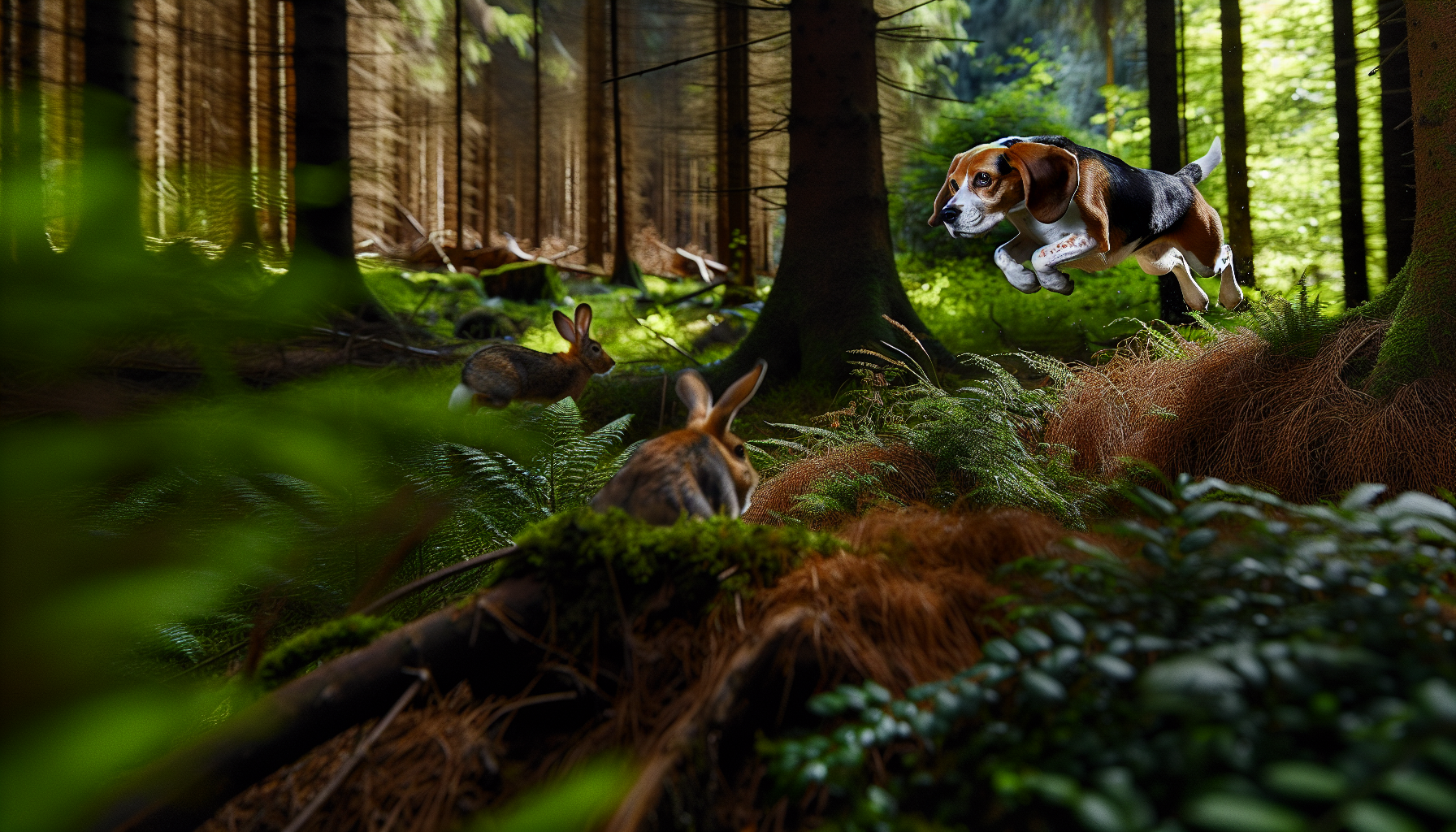 Beagle chasing rabbits in the woods