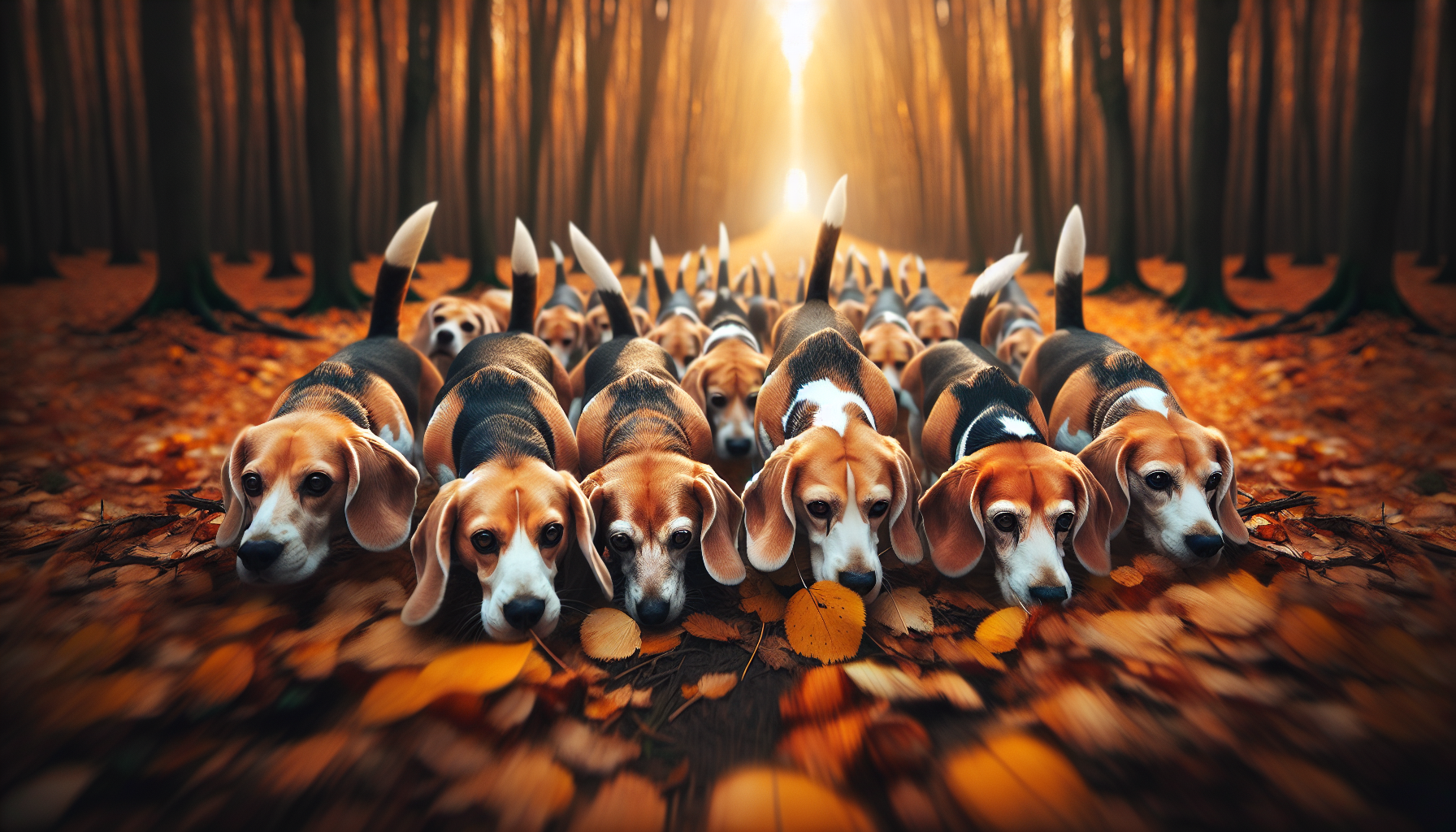 Beagles hunting in a pack