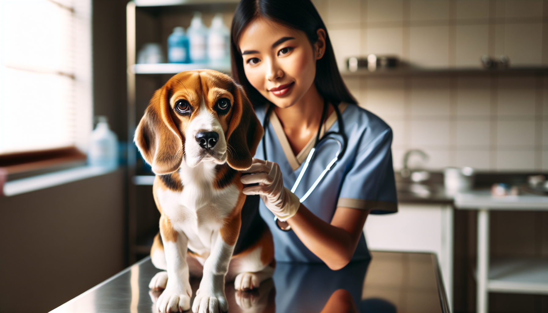 Beagle receiving veterinary care