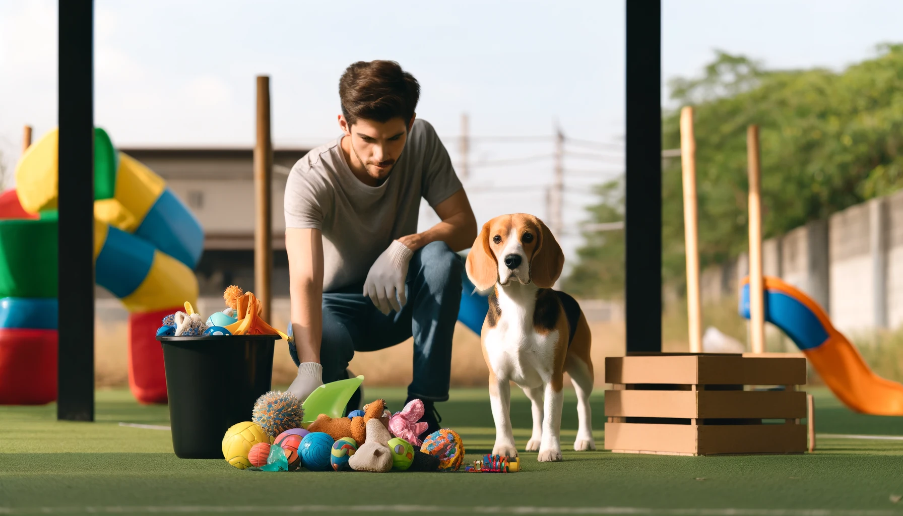 Beagle and its owner cleaning up a play area