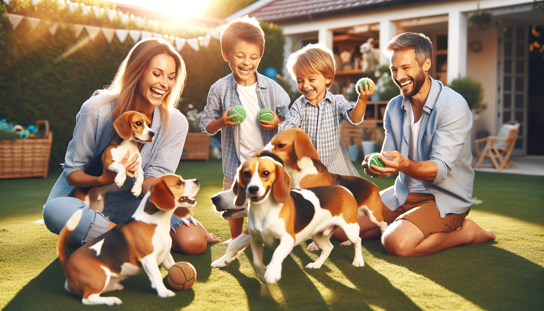 joyful family playtime session with their beagle dogs