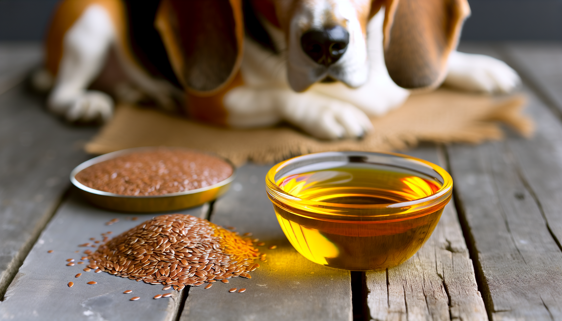 beagle staring at salmon oil and flaxseeds