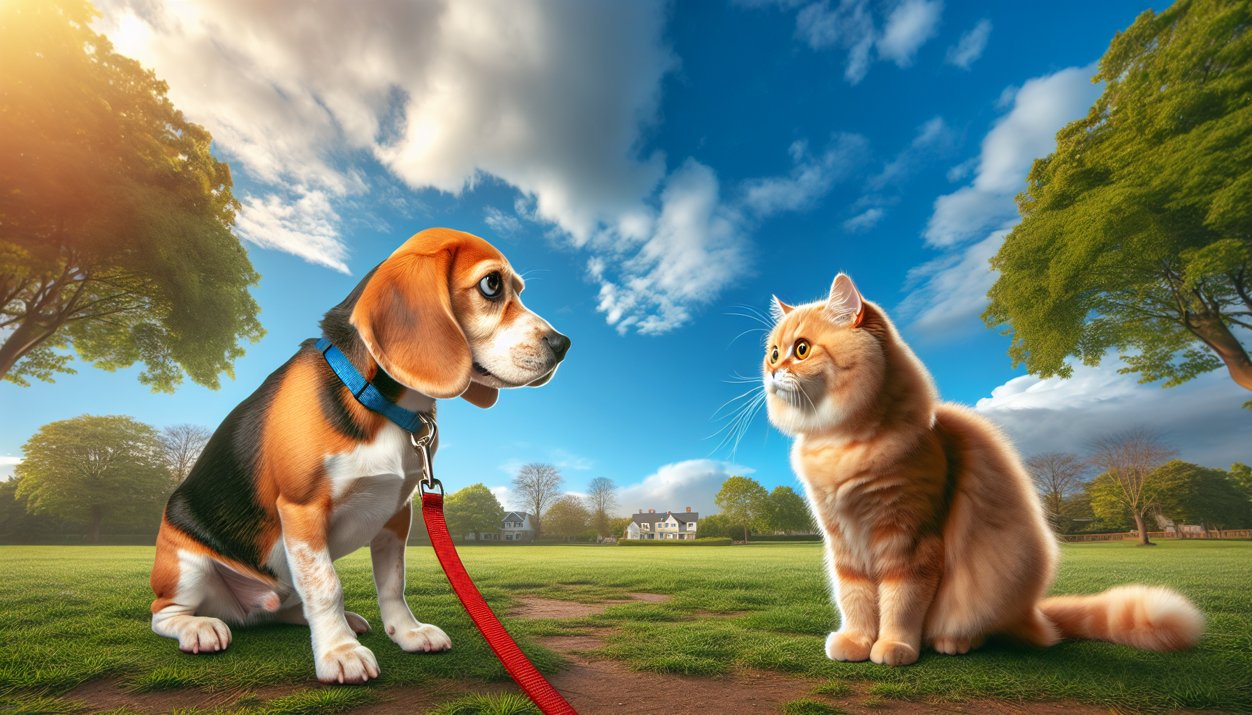 Beagle and cat sitting under clouds
