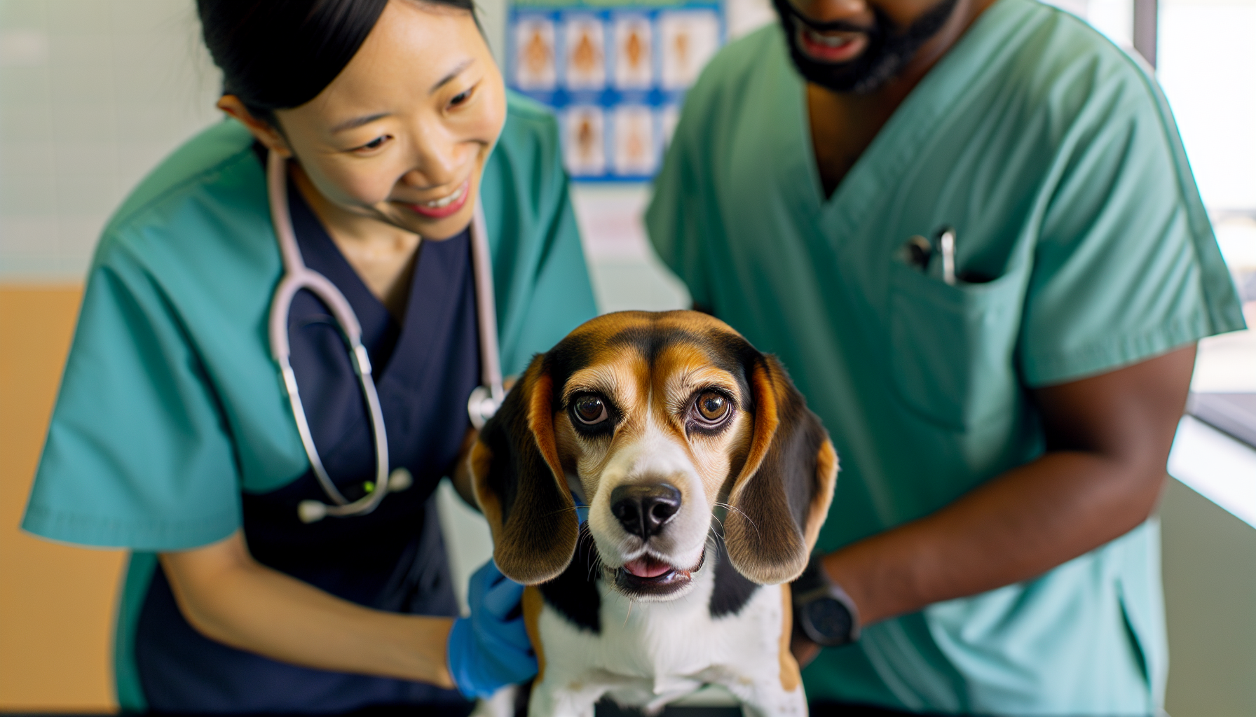 Beagle with a concerned expression receiving veterinary care