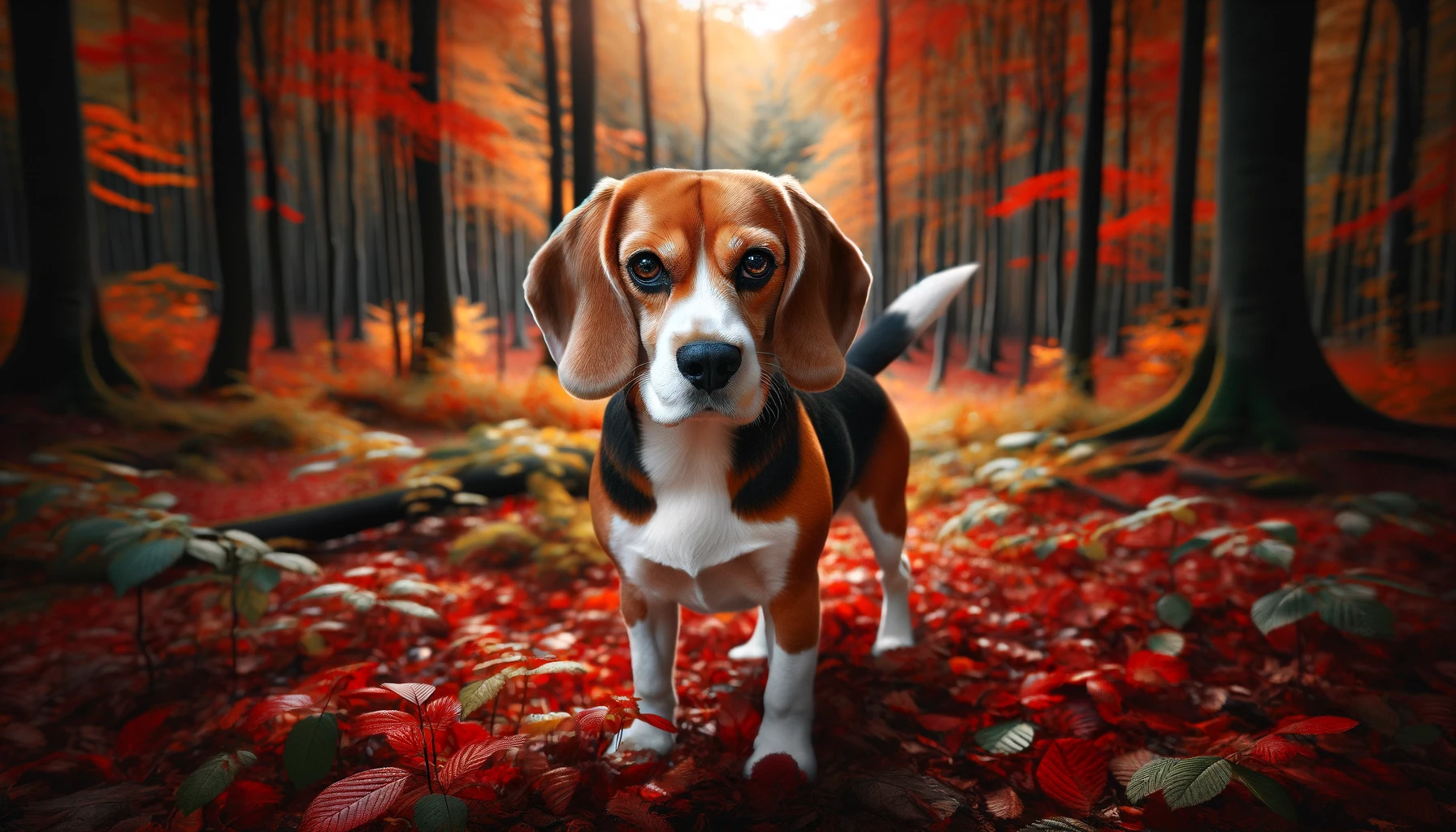 Beagle standing in a forest
