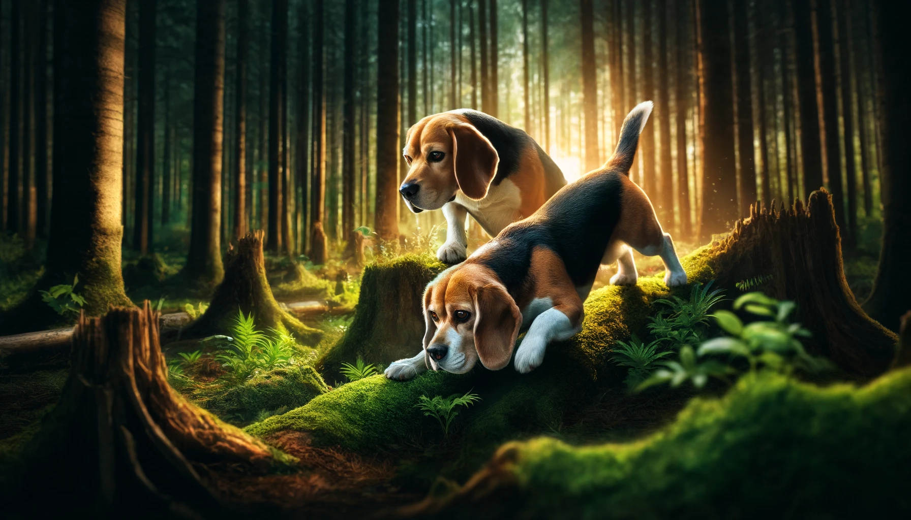 Two Beagles hunting small game