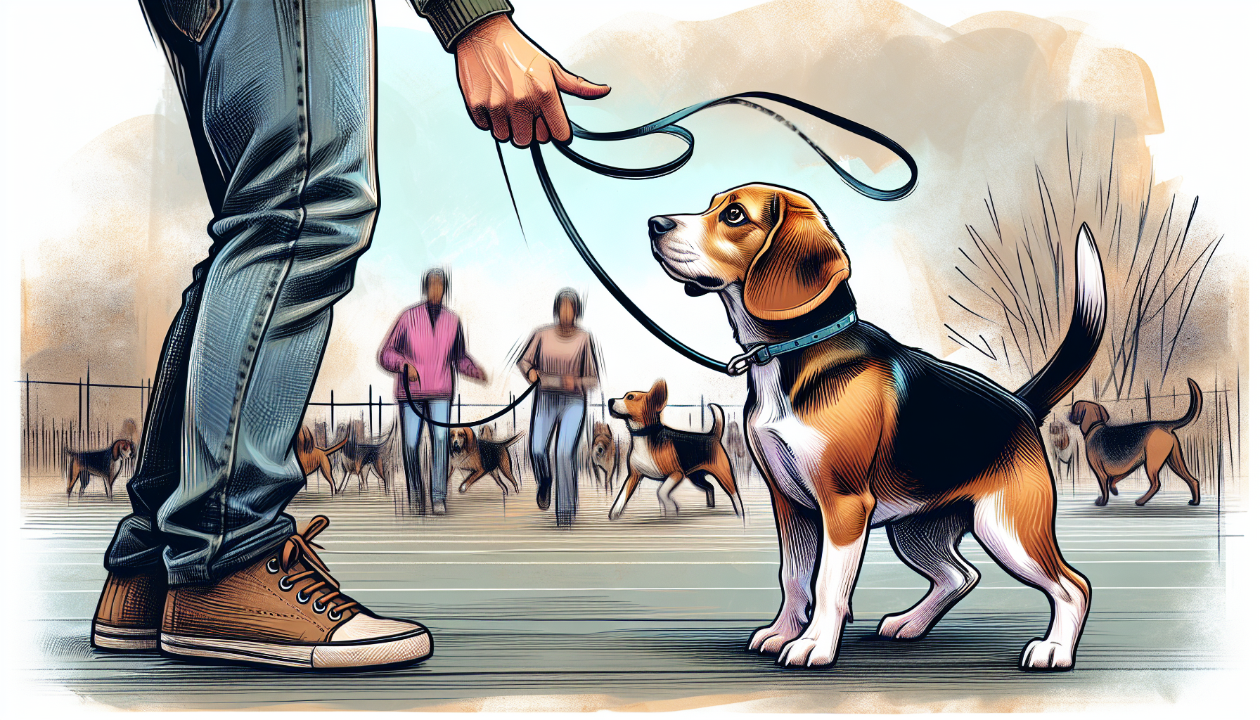 Beagle learning leash manners