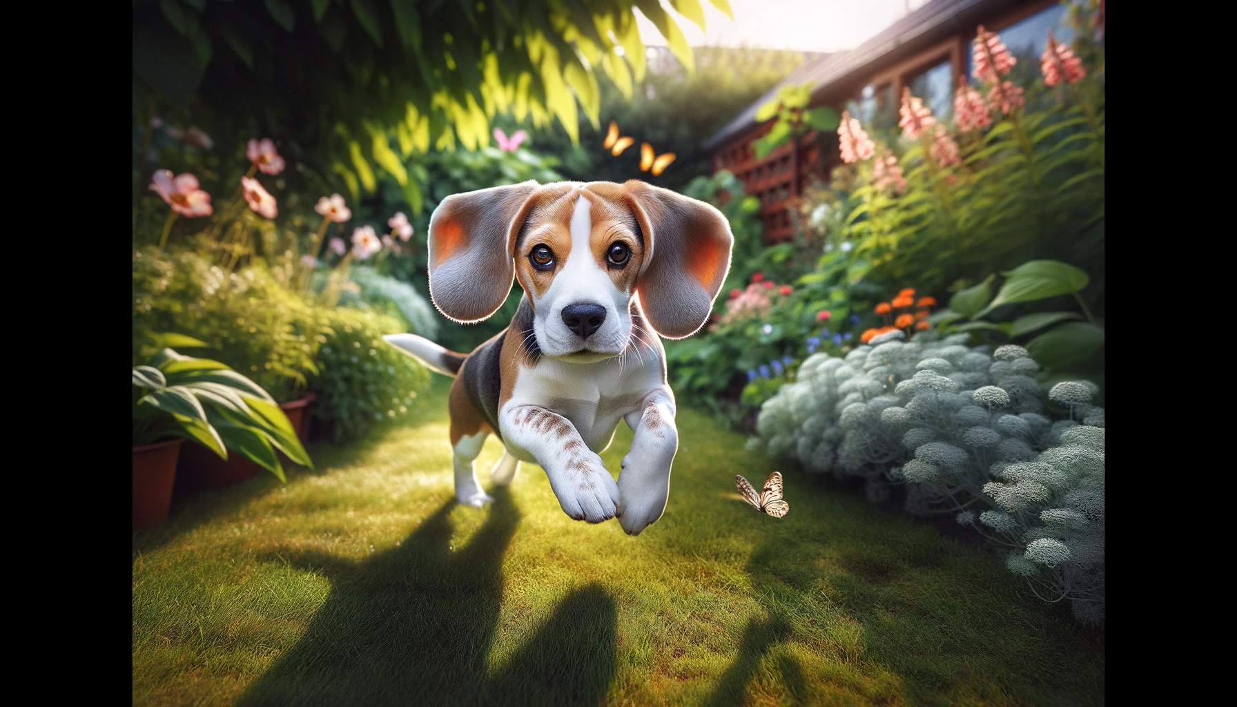 Beagle chasing a butterfly