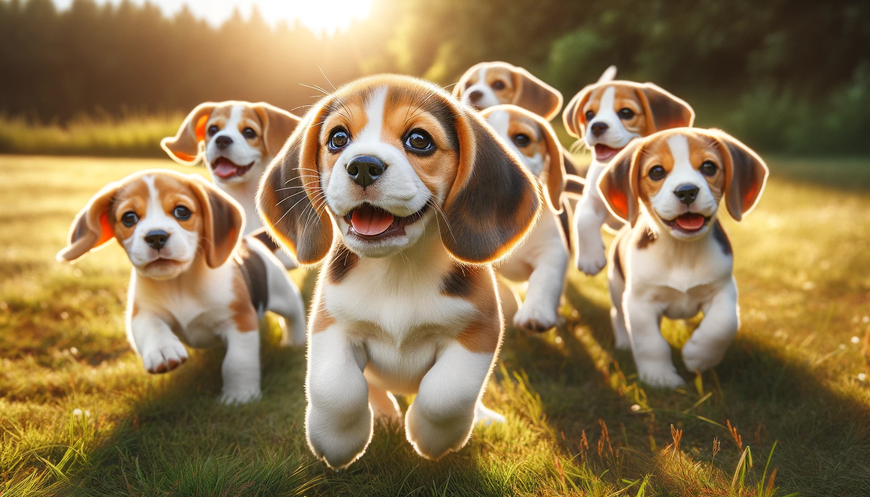 pack of beagle puppies running in a field