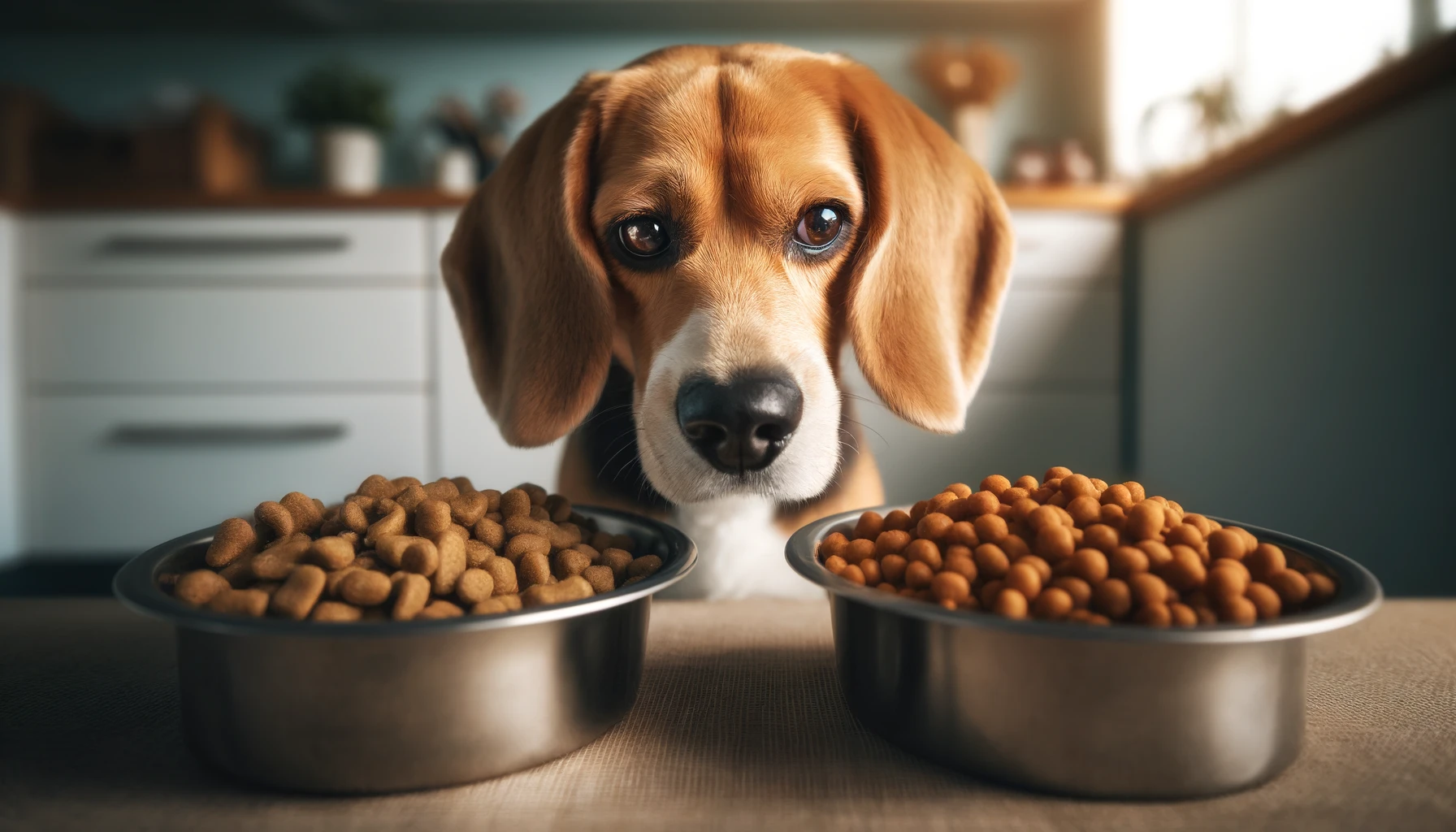 beagle looking at two bowls of dog food