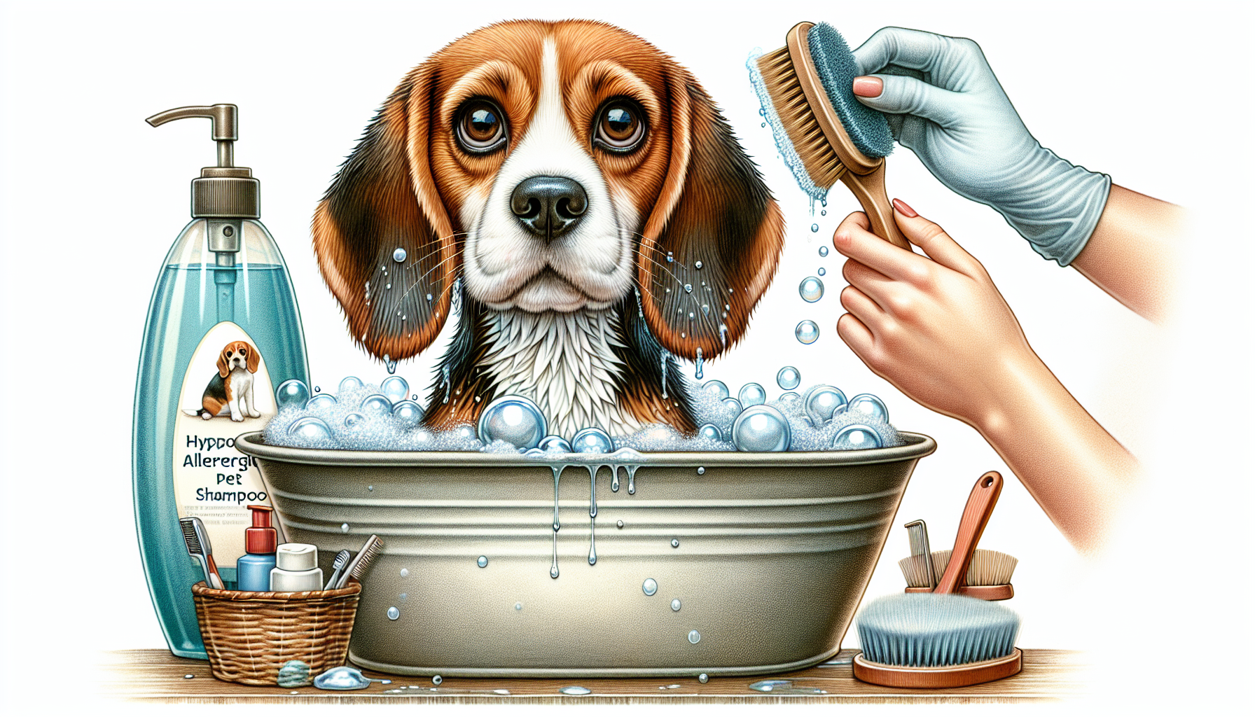 Beagle being bathed