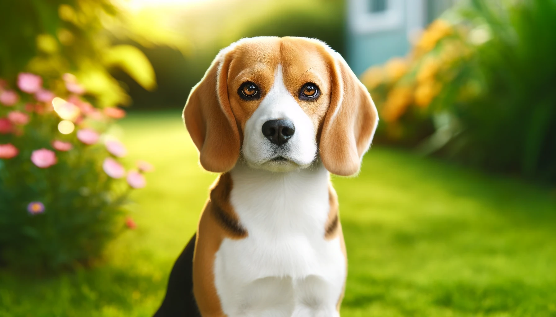 beagle sitting in a yard