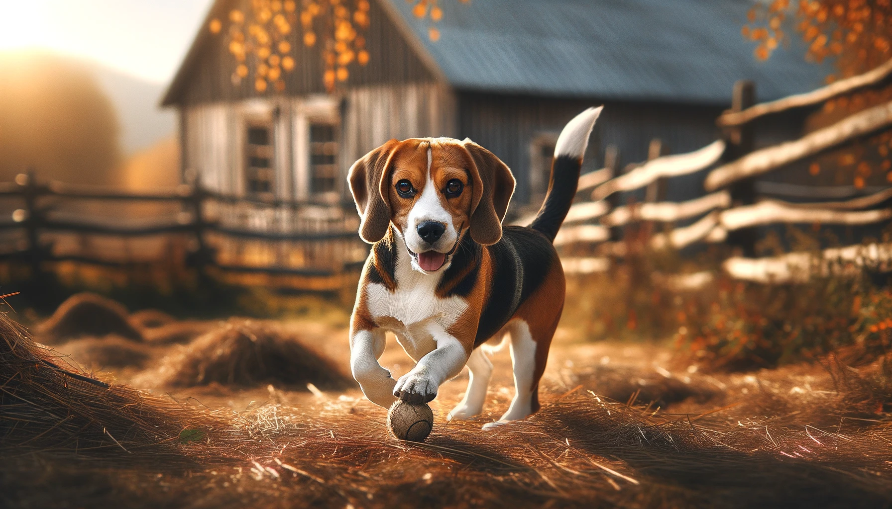Beagle chasing a ball