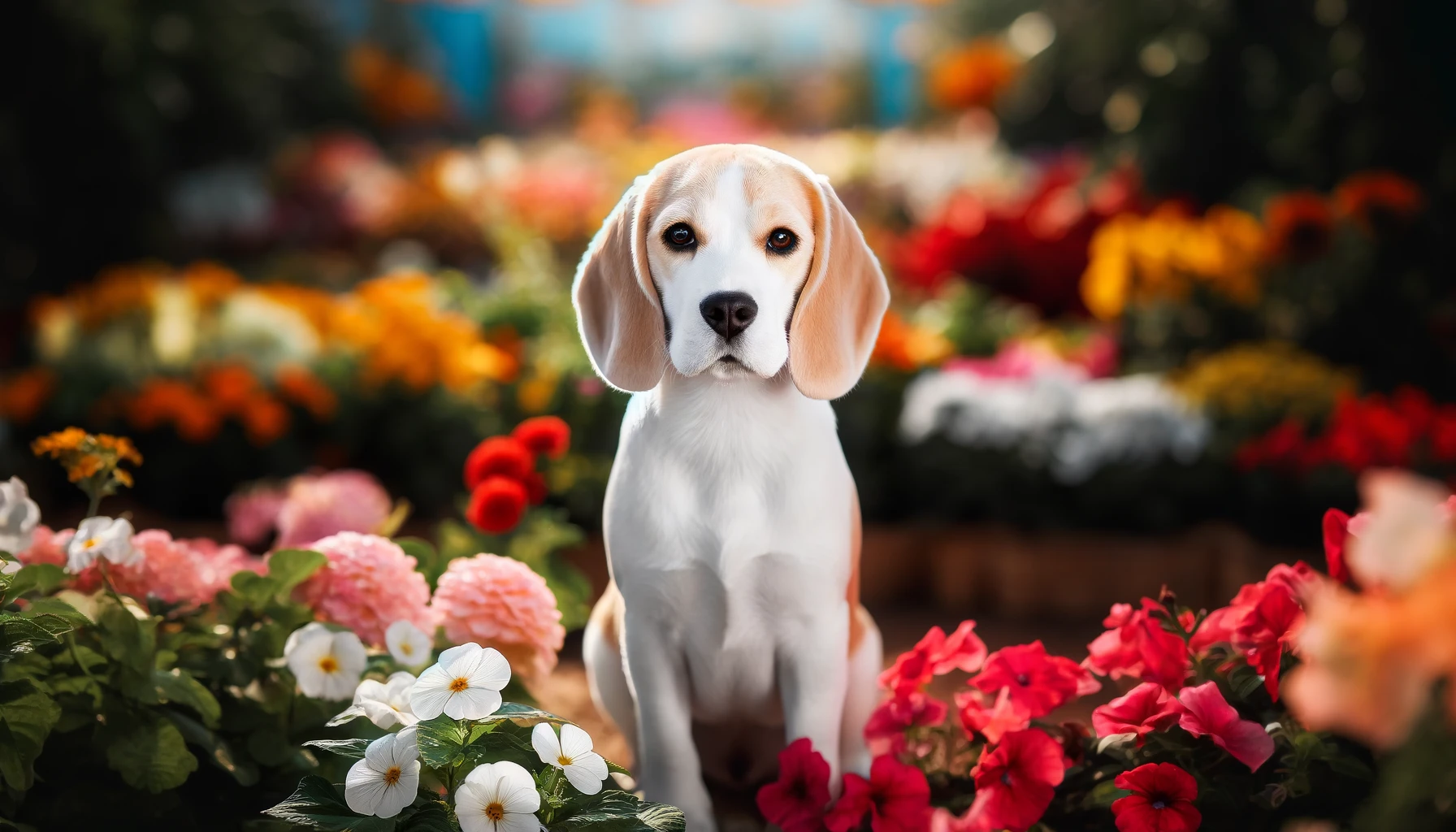Beagle in a flower garden