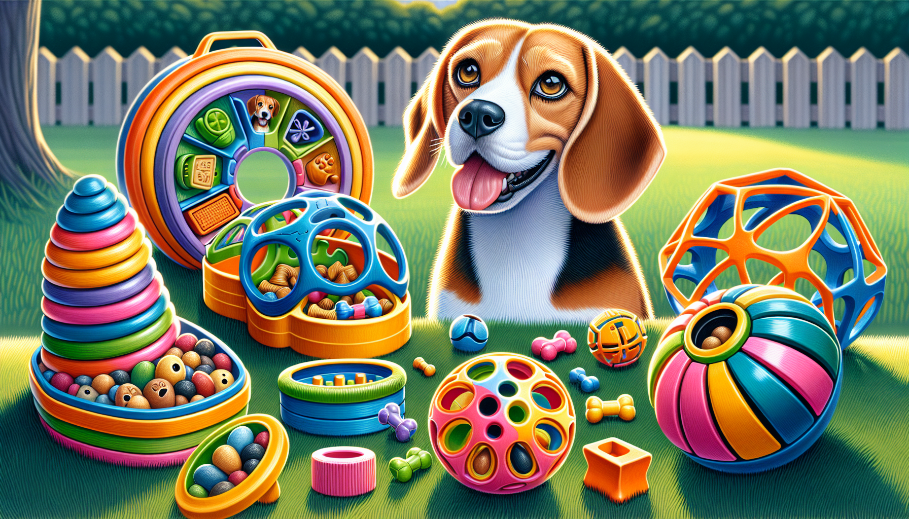 Beagle with interactive toys