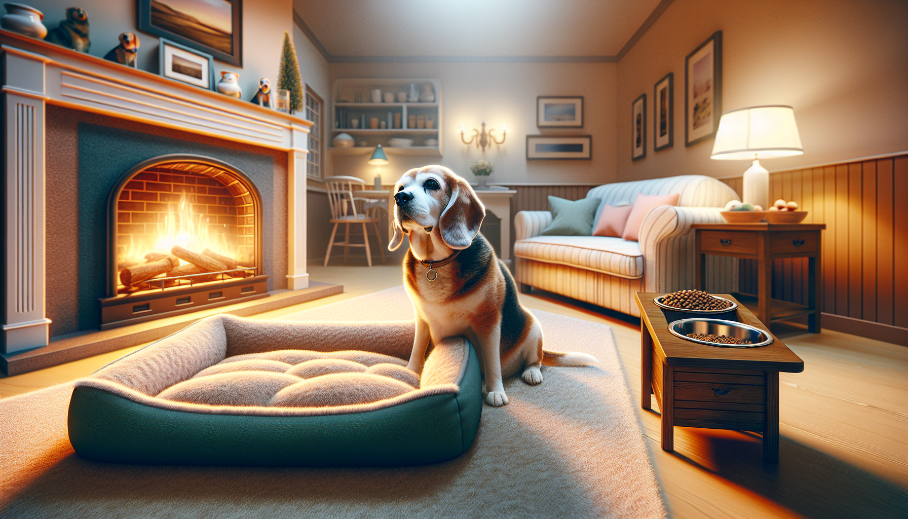 senior beagle in front of fire