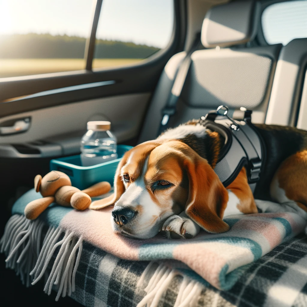 beagle traveling in a car