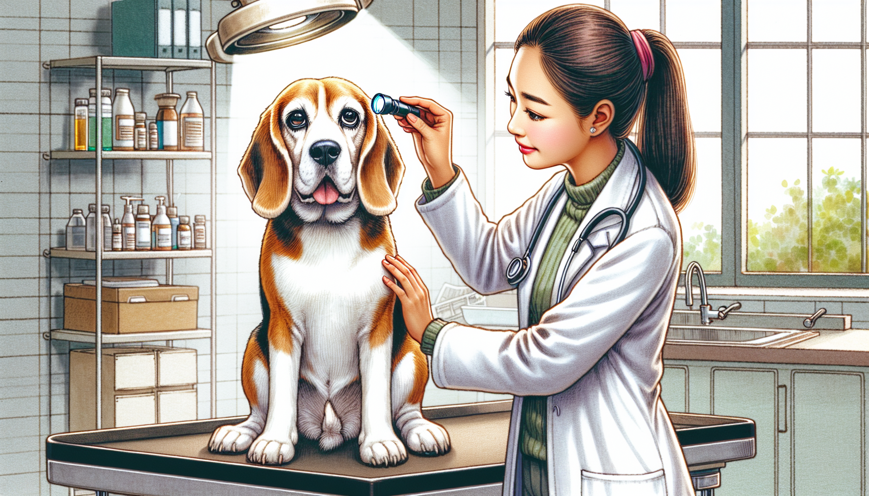 Senior Beagle receiving a check-up