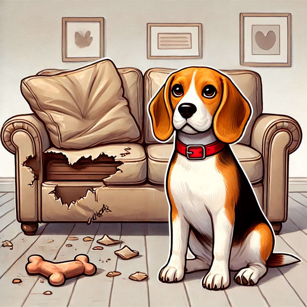 Beagle sits by chewed up sofa