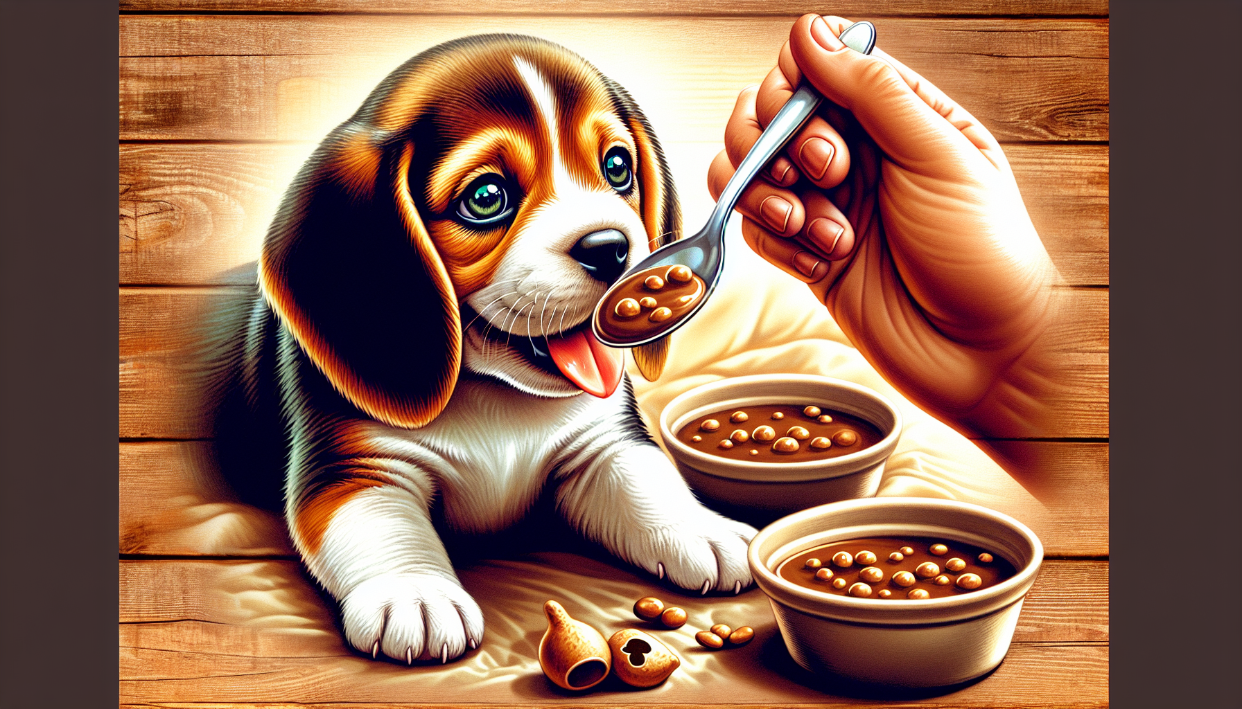 Beagle puppy being fed